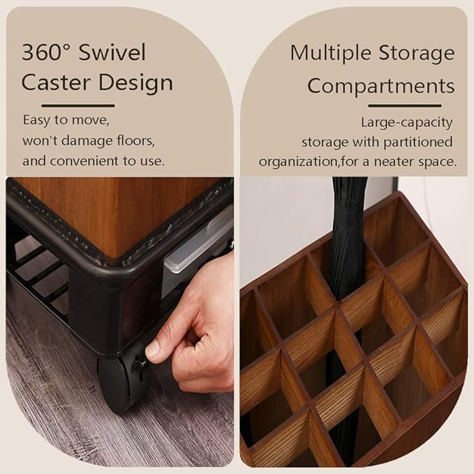 zktoermn Square Umbrella Stand Rack with Wheels, Wooden Umbrella Organizer Bin, Retro Indoor Umbrella Holder for Entryway, Office, Home(Brown,42x28x61cm)