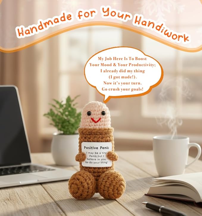 Funny Positive Crochet Animals Gag Doll Emotional Support Stuffed plushies for Adult Men Women,Weird Things Motivational White Elephant Christmas Gift (Brown Doll without Glasses)