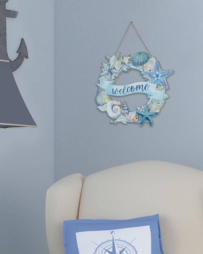 Putuo Decor Beach Wreaths - Ocean Welcome Sign, Wood Material, Summer Beach Decor for Front Door, Sea Turtle Design