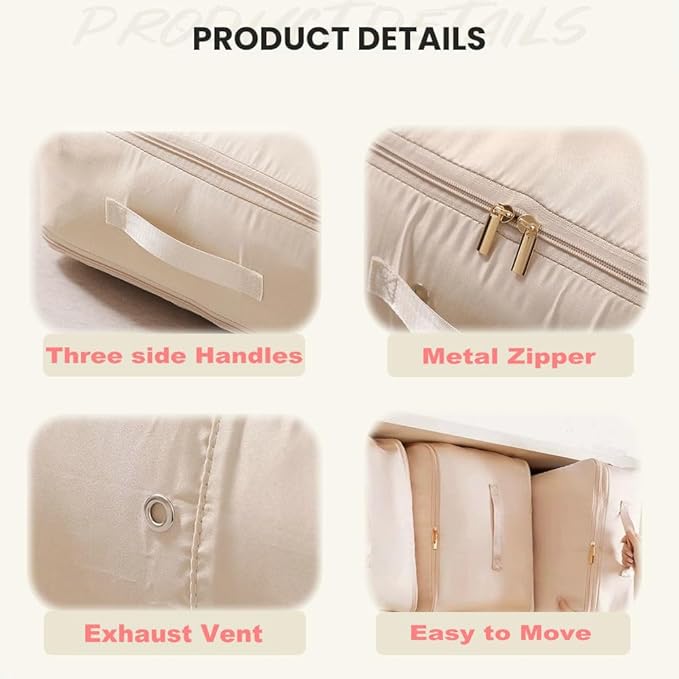 Ultra Space Saving Self Compression Organizer, 3-Layer Zipper Large Capacity Storage Bag, Thick Satin Fabric Heavy Duty Bags for Comforters Blankets Bedding Duvet (Beige, X-Large, 2PCS)
