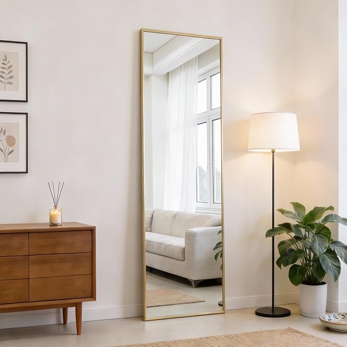 DUMOS 47x14 Inch Full Length Mirror Over the Door, Wall Mounted Full Body Mirror, Door Hanging Metal Aluminum Alloy Frame Dressing Mirrors for Bedroom, Living Room, Entryway, Gold