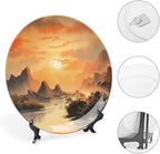 Decorative Plates for Wall Hanging, Ancient Chinese Mountain & Pavilion Landscape Ink Painting Ceramic Plate with Display Stand, Home Decor for Kitchen Cabinets, Farmhouse Round Tray 6 Inch