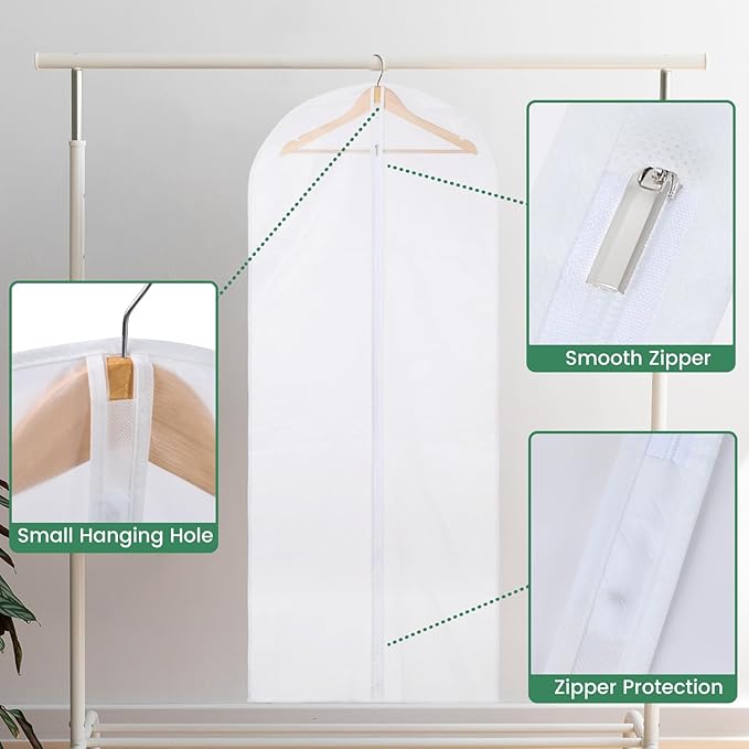 12 Pack Garment Bags for Hanging Clothes - Translucent Dress Bag for Closet Wardrobe Storage Travel - 24" x 57"
