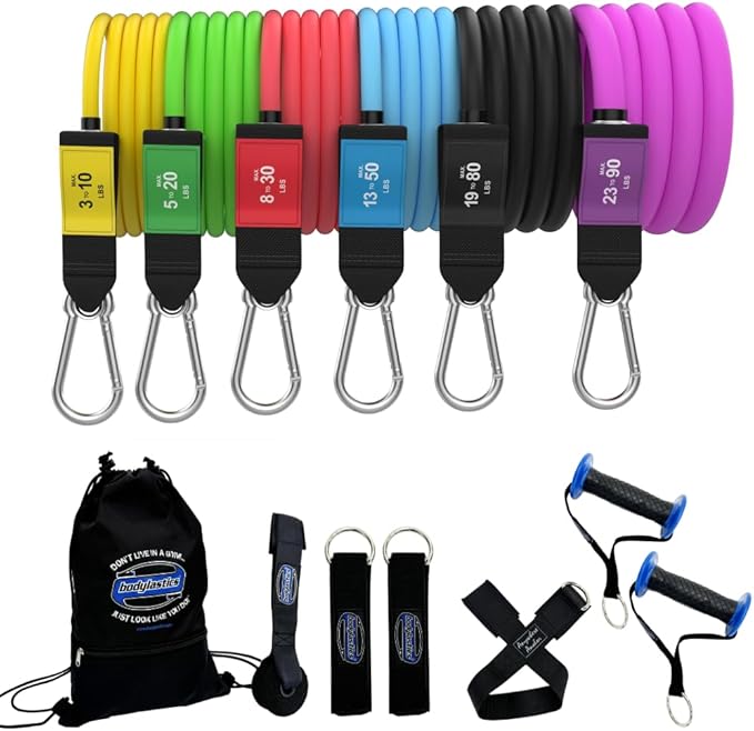 Bodylastics Patented Basic Series Resistance Band Set - 5 Resistance Bands with Snap Reduction Tech, 2 Handles, 2 Ankle Straps, 1 Door Anchor & 1 Carry Bag
