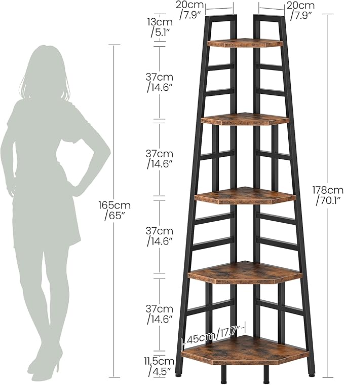 CHOEZON 70.1-Inch 5-Tier Tall Corner Shelf, Narrow Bookshelf for Small Spaces, Industrial Bookcase Display Stand for Living Room, Bedroom, Office, Rustic Brown TCJ25BF