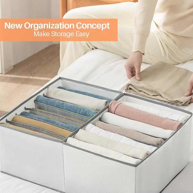 6 Pack Wardrobe Closet Organizer and Storage for Clothes - 7 Grids Foldable Drawer Dividers Organizers for Jeans | Pants | Shirts | Leggings, Stackable Clothing Bins for Closets Organization