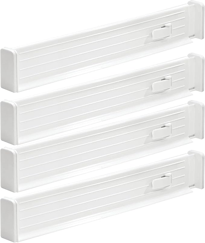 mDesign Expandable Dresser Drawer Divider with Foam Ends, Drawer Divider Locks in Place, Separators for Clothing and Accessories in Closet or Dresser Drawer, Ligne Collection, 4 Pack, White