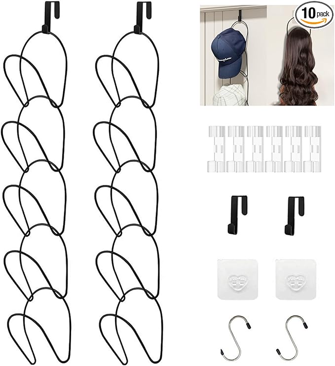 LINFIDITE 10 Pack Hat Rack Hanger Holder Organizer Closet Hanging Baseball Cap Display Storage Rack for Scarves Handbags Towels Clothes Ties Over Door Wall Mounted w Hanging Hook Black