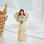 Decorative Angel Figurine with Forget-Me-Not Bouquet, White Dress with Leaf Pattern, Tree of Life Design - Collectible Sculpture for Mom Gifts, Forget Me Not Gifts for Women(Blue Flower)