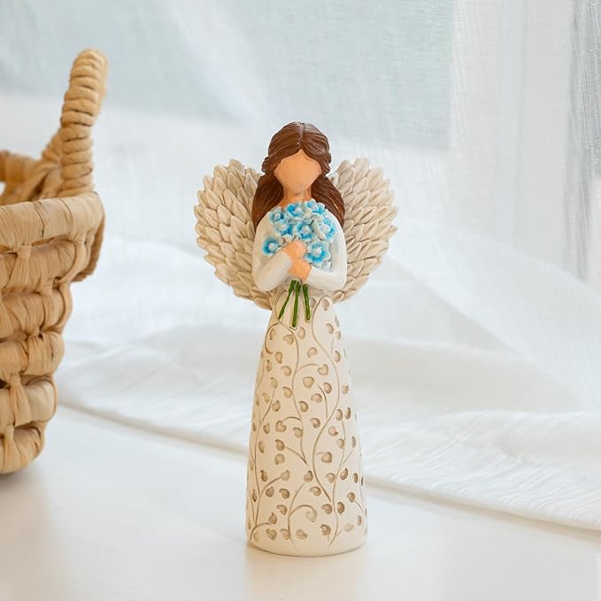 Decorative Angel Figurine with Forget-Me-Not Bouquet, White Dress with Leaf Pattern, Tree of Life Design - Collectible Sculpture for Mom Gifts, Forget Me Not Gifts for Women(Blue Flower)