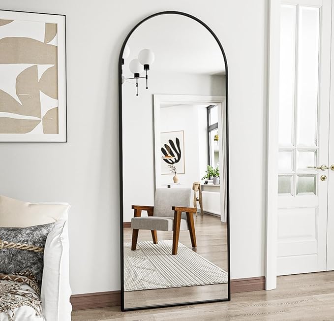 Prywot Arched Floor Mirror, 58 "x 18" Full Length Mirror Wall Mirrors Hanging or Leaning Arched-Top Full Body Mirrors with Stand for Bedroom, Dressing Room, Black