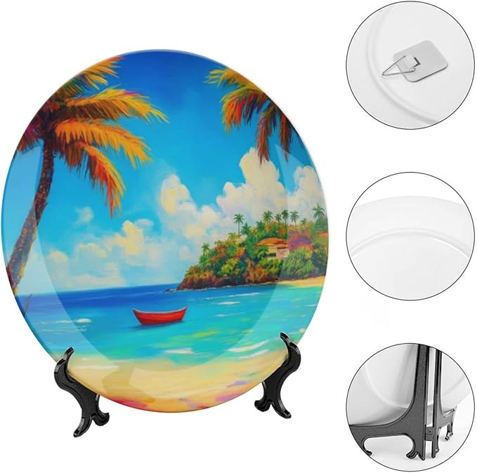 Coconut Trees Theme Decorative Ceramic Plate Round Porcelain Plate,7 inch,Beach Pattern,for Decorative Ornaments Giving Plates,1 Plate with 1 Display Stand,Blue Green