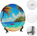 Coconut Trees Theme Decorative Ceramic Plate Round Porcelain Plate,8 inch,Beach Pattern,for Decorative Ornaments Giving Plates,1 Plate with 1 Display Stand,Blue Green