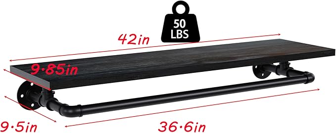 Clothes Rack 42in, Wall Mounted Garment Rack with Real Black Wood Shelf, Heavy Duty Hanging Clothes Rack, Multi-Purpose Hanging Rod, Space-Saving Closet Storage