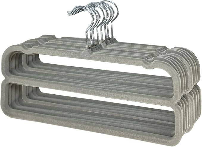 VSV stoage Velvet Pants Hangers with Double Non Slip Bar - Multiple Velvet Hangers for Closet - Thin Space Saving Clothes Hanger - 360° Swivel Felt Trouser Hanger Perchas Terciopelo 10 Pack (Grey)