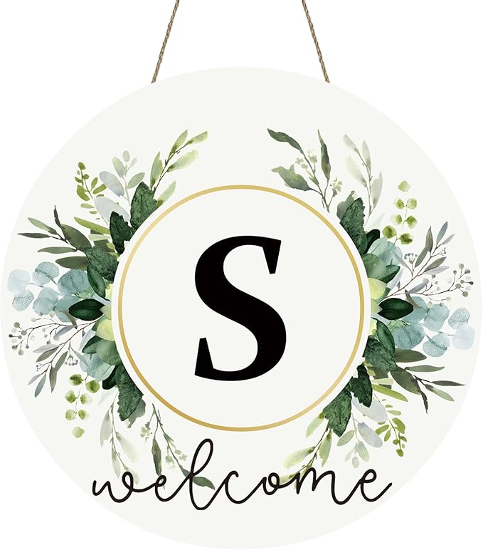 Monogram Letter S Wreaths for Front Door Wreath Wooden Welcome Sign for Front Door Decor Floral Family Last Name Initial House Warming Spring Summer Porch Rustic Wall Home Kitchen Boho Decorations