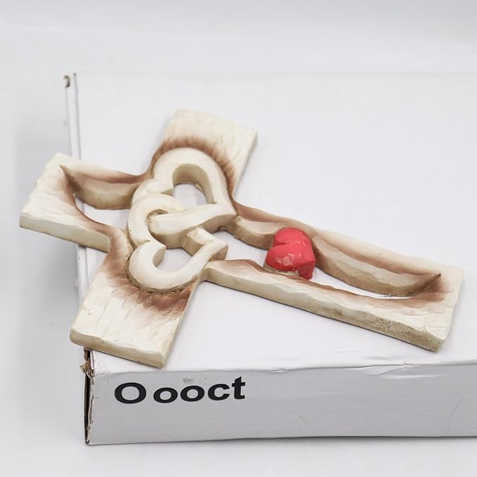 Oooct Carved Cross, Resin Cross Wall Decor, Intertwined Hearts & Never Separates Love, Great Christian Gift, Wall Art Gift, Home Living Room Decor - 6.88 × 5.23 Inch