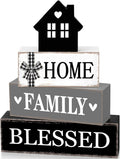 Cinnvoice 4 Pcs Farmhouse Tabletop Decor Rustic Family Blessed Home Table Centerpiece This Is Us Sign for Kitchen Shelf Desk Fireplace Mantel Tiered Tray Decor(Neutral Home Family Blessed)