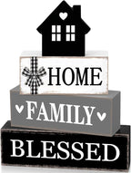 Cinnvoice 4 Pcs Farmhouse Tabletop Decor Rustic Family Blessed Home Table Centerpiece This Is Us Sign for Kitchen Shelf Desk Fireplace Mantel Tiered Tray Decor(Neutral Home Family Blessed)