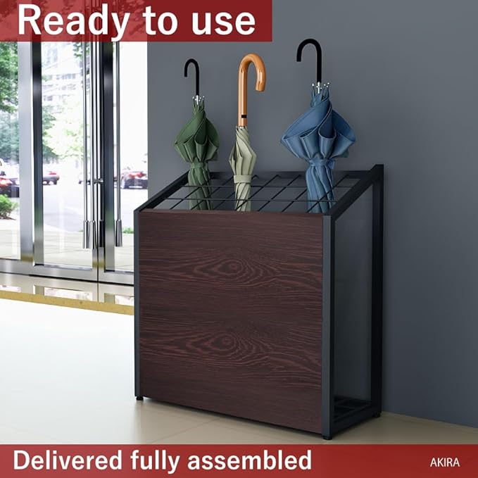 AKIRA Large Capacity Umbrella Stand for 24-Umbrellas Modern Brown Wood Grain & Black Metal Entryway Organizer Rack Holder for Office or Lobby, Model US-US-0625-BKDB