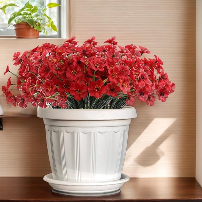 12Pcs UV Resistant Artificial Flowers Artificial Violet Outdoor Decor Realistic Faux Plants Silk Flowers No Fade for Patio Hanging Baskets Garden Pots Farmhouse Yard (Big Red)