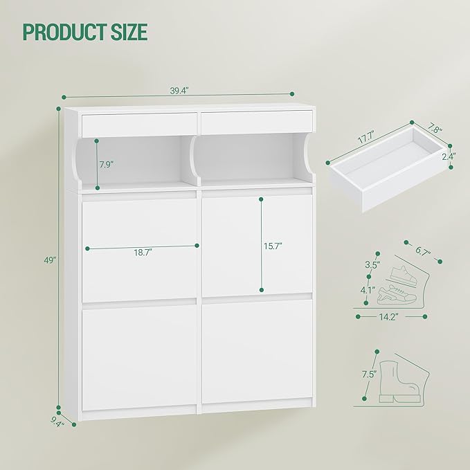 Shoe Cabinet with 4 Flip Drawers & 2 Top Drawers, Narrow Hidden Shoe Storage Cabinet for Entryway, Freestanding Shoes Organizer with Storage Space, 16-20 Pairs, for Hallway, White SR57603X