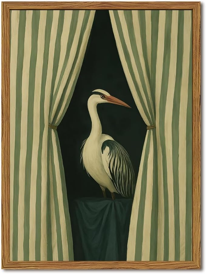 Framed Moody Heron Wall Art, Eclectic Vintage Bird Pictures Wall Decor Paintings, Surreal Whimsical Animal Canvas Prints Unique Humorous Home Decor for Living Room Bedroom Bathroom 12x16 inch