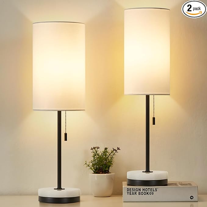 Luvkczc 18" Minimalist Table Lamp Set of 2, Nightstand Lamp for Bedroom Living Room, Modern Pull Chain Bedside Lamp with Marble Base, Fabric Shade, Small Desk Lamp for Home, Office, Reading
