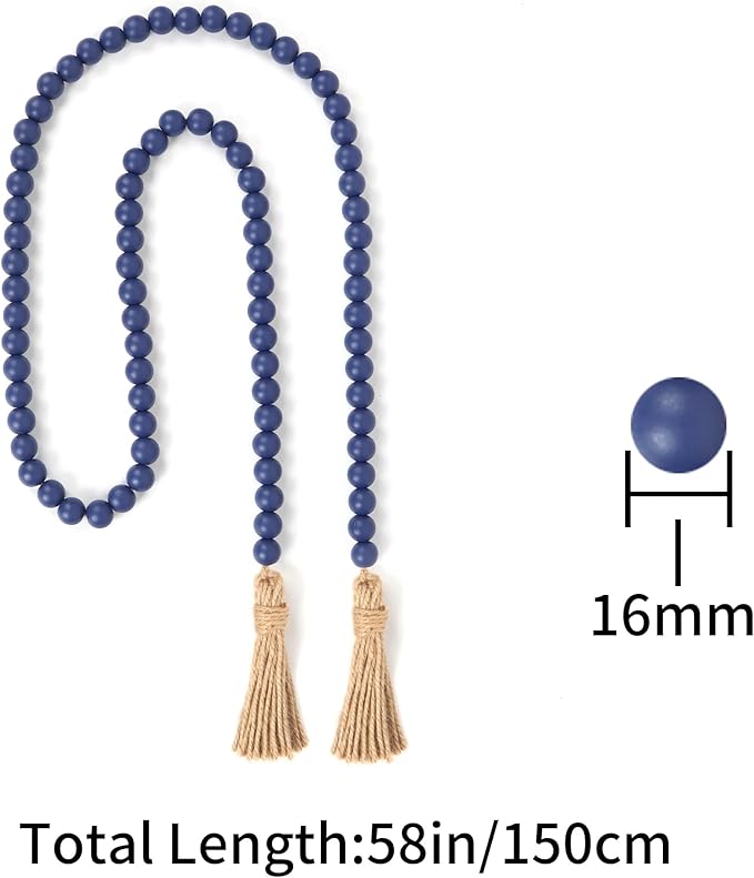 58in Wood Bead Garland with Tassels, Farmhouse Rustic Country Decor Prayer Boho Wall Hanging Decoration (Navy Blue)
