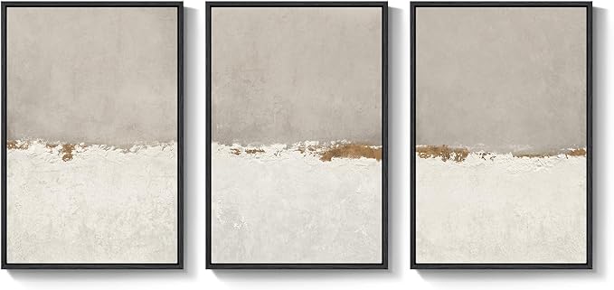 Large Framed Neutral Abstract Wall Art for Living Room, 3 Piece Modern Canvas Prints Paintings Artwork for Walls, Minimalist Beige Abstract Horizon Pictures for Hallway, Office Wall Decor 24x36 In