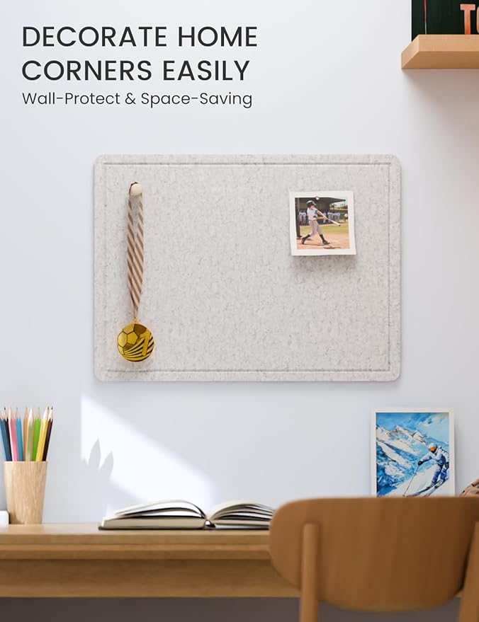 Fluxynara Bulletin Board, 23.6" x 17.5" Cork Board Alternative with 12 Safe Removable Adhesive Tabs, Foldable Felt Pin Board for Home Office, Classroom, Bedroom,Entryway for Walls—Light Gray