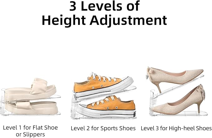 Shoe Slots Organizer,Adjustable Shoe Rack with Three Levels,shoe stackers for a pair of Shoes (Clear, 10 Pack)