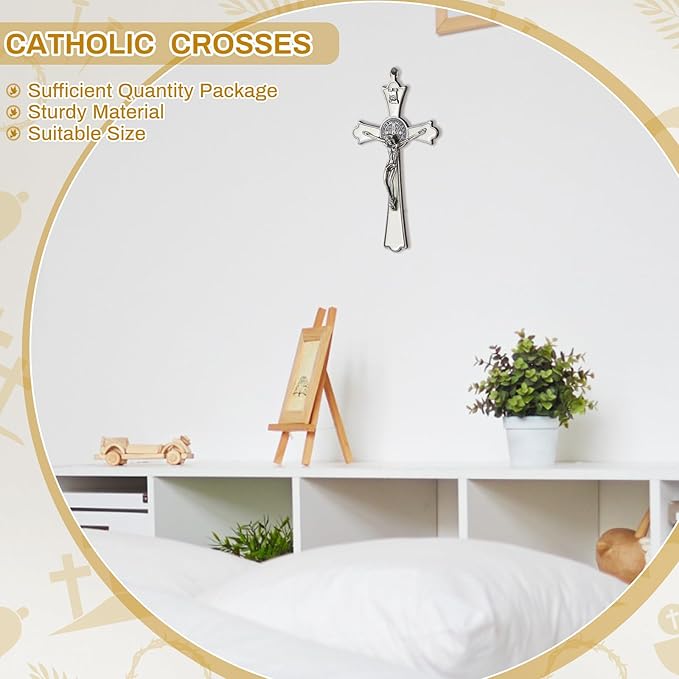 Leinuosen 4 Pcs Crucifix Wall Cross 8 Inch Saint Benedict Enamel Crucifix Metal Sacred Catholic Cross Saint Benedict Metal Wall Art for Spiritual Faith Gift Blessing Baptism Rosary Holy Decor