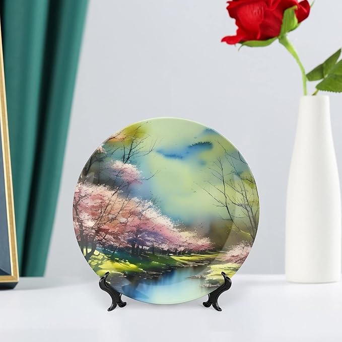 Decorative Plates, Spring Forest Painting Pink Blue Green Display Plate for Home Office Kitchen Table Decor Porcelain Plates 7 Inch, Birthday Gifts