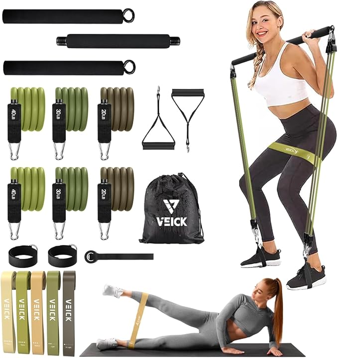 VEICK Pilates Bar Kit with Resistance Bands, Elastic Workout Bands for Men Women, Set of 5 Resistance Loop Bands for Home Fitness Stretching Strength Training