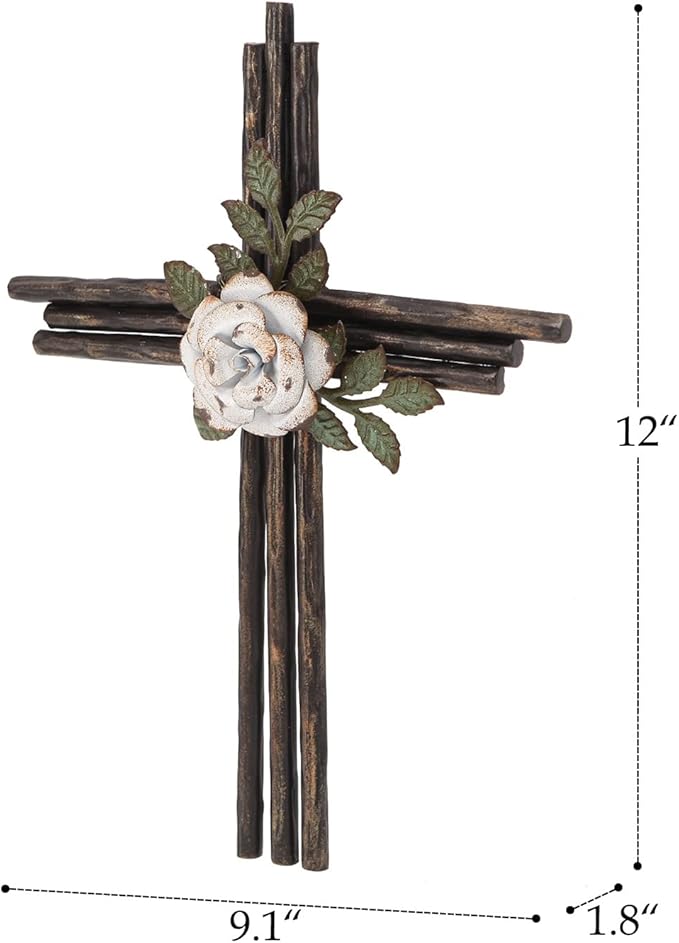 Synovana Wall Cross, Rustic Metal Cross Wall Decor with White Rose, Inspirational Christian Wall Crosses for Home Decor, Crucifix Gift