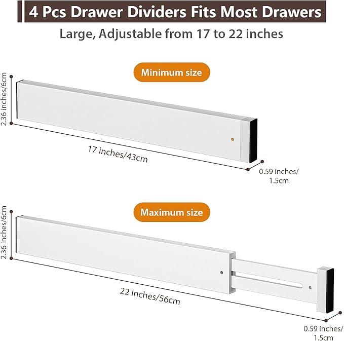 DUCOO 4 PCS Drawer Divider, 17"-22" Adjustable Bamboo Drawer Dividers Organizers, Expandable Separators for Kitchen, Clothes, Dressers, Home, Office, White