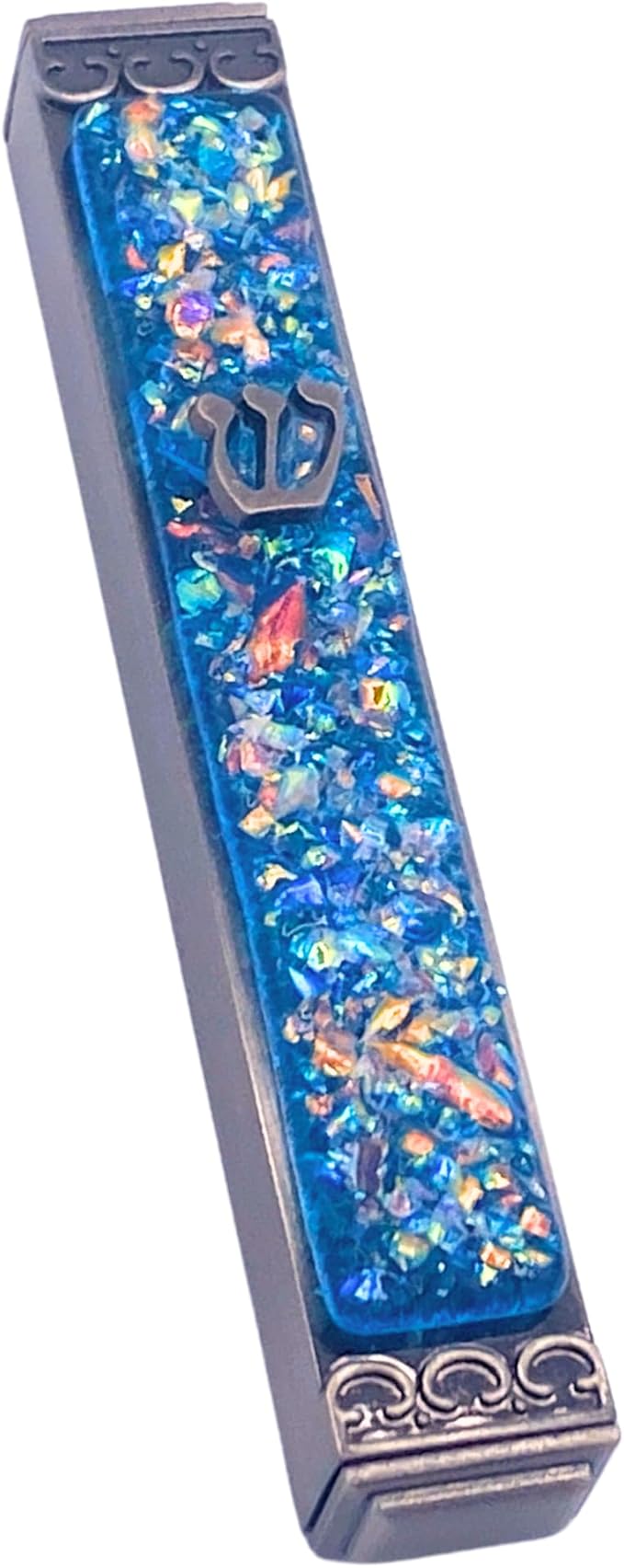 Sparkling Art Glass Mezuzah - Easy Mount Indoor or Outdoor - Weatherproof Metal Case - Gift Box and Non-Kosher Scroll Included - Hand Made in USA - Guaranteed for Life! (Sky)