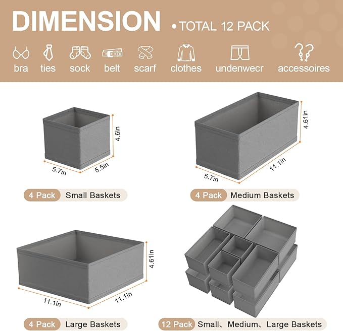 Drawer Organizer Clothes & Dresser Organizers - 12 Pack Foldable Drawer Dividers, Baby Clothes Organizer & Nursery Storage for Sock, Underwear, Bra, Belt, Closet and Dresser Drawer Organizers(Grey)