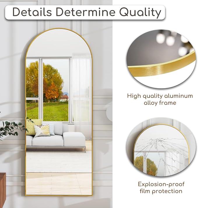 Prywot Arched Floor Mirror, 58 "x 18" Full Length Mirror Wall Mirrors Hanging or Leaning Arched-Top Full Body Mirrors with Stand for Bedroom, Dressing Room, Gold