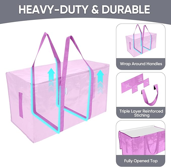 TICONN 6 Pack Extra Large Moving Bags Heavy Duty with Zippers & Carrying Handles, Durable Storage Bags Moving Boxes for Closet Organizers and Storage (6 Pack, Pink)