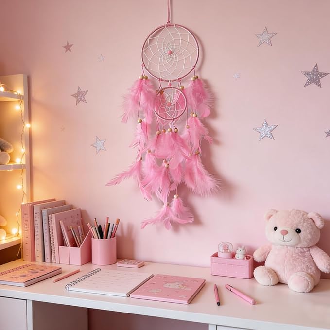 Pink Dream Catcher Wall Decor Handmade Feathers Dreamcatcher Wall Hanging Ornament Room Decor, Dream Catchers for Girls Kids Boys Bedroom Decor Art Craft Gift