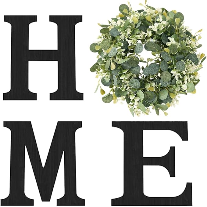Wooden Home Sign with Artificial Peach Heart Eucalyptus Wreath for O, Hanging Farmhouse Wall House Autumn Decor Wood Letters for Wall Art Rustic Home Decor, Wall Decor for Living Room Kitchen Entryway