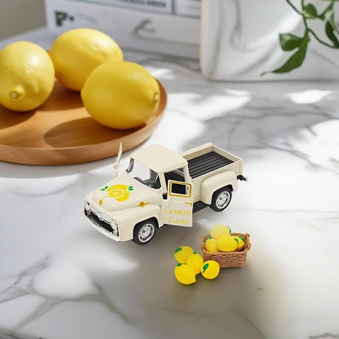 Lemon Decor - 4.9″Farmhouse Vintage Metal Truck with Mini Fake Lemons for Home Kitchen Table, Shelf, Party Decorations and Lemonade Stand Decor Summer Tiered Tray Decoration