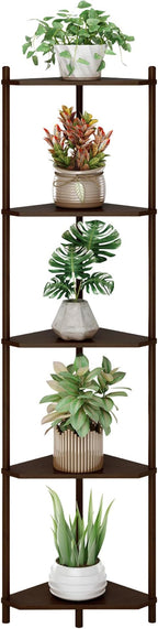 Wisuce Corner Shelf Stand - 5 Tier Walnut Bamboo Small Corner Bookshelf for Office Kitchen Bedroom Plant Stand Living Room Decor Small Space