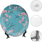 Japanese Spring Theme Decorative Ceramic Plate Round Porcelain Plate,Sakura Tree Branches Pattern,for Decorative Ornaments Giving Plates, 1 Plate with 1 Display Stand,Blue Pink,10 inch