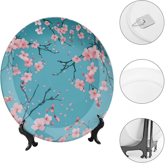 Japanese Spring Theme Decorative Ceramic Plate Round Porcelain Plate,Sakura Tree Branches Pattern,for Decorative Ornaments Giving Plates, 1 Plate with 1 Display Stand,Blue Pink,7 inch