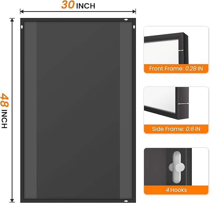 TRAHOME Bathroom Vanity Mirror for Wall, 48" x 30" Metal Framed Rectangular Bathroom Wall Mirror for Over Sink, HD Shatterproof Glass, Hangs Horizontally or Vertically(Black)