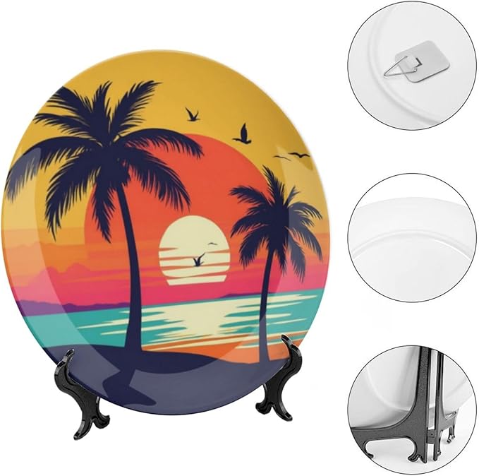Coconut Trees Theme Decorative Ceramic Plate Round Porcelain Plate,8 inch,Sunset Silhouette Pattern,for Decorative Ornaments Giving Plates,1 Plate with 1 Display Stand,Orange Blue