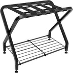 Folding Luggage Rack with 2-tiers Storage Shelf, Foldable Steel Frame Luggage Organizers for Suitcase, Metal Luggage Holder for Guest room, Bedroom, Hotel, Closet, Black, 1pack